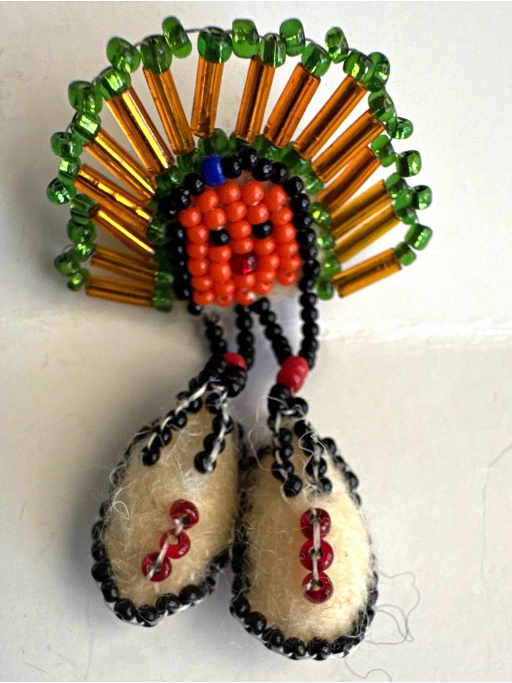 Vintage Handmade Navajo Beaded Felt Brooch Pin, Headdress Design